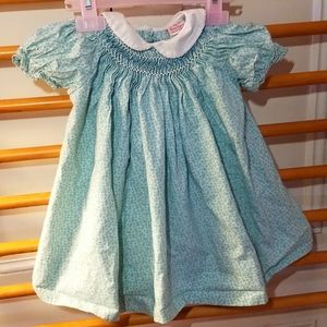 Handmade Smocked Baby Dress 12 mos Aqua Ditsy SS